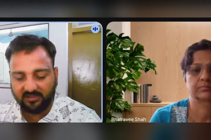Coach Bhairavee Shah in a video call with Rahul Awasthi, Coach TRA, funnel architect and coaching mentor