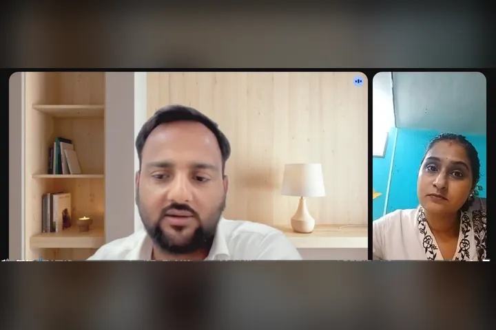 Coach Neelima M in a video call with Rahul Awasthi, Coach TRA, funnel architect and coaching mentor