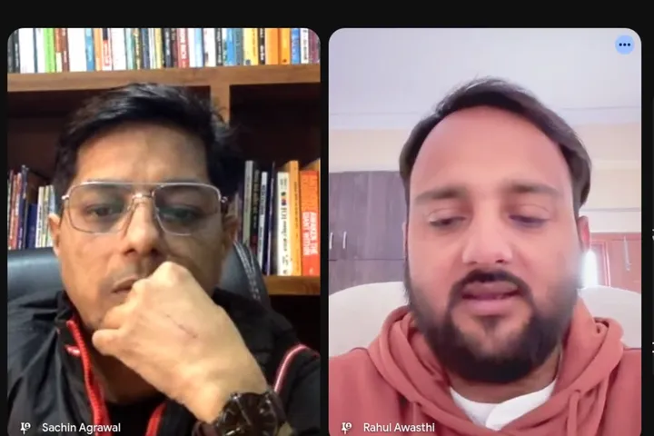Coach Sachin Agrawal in a video call with Rahul Awasthi, Coach TRA, funnel architect and coaching mentor