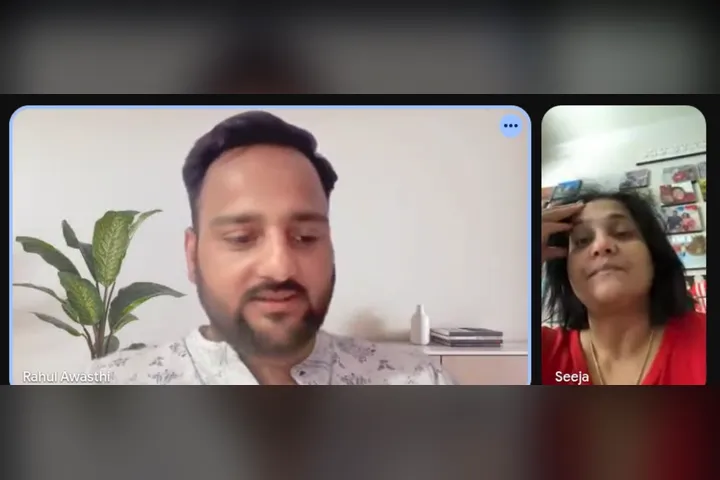 Coach Seeja in a video call with Rahul Awasthi, Coach TRA, funnel architect and coaching mentor