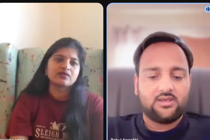 Coach Swarna Latha in a video call with Rahul Awasthi, Coach TRA, funnel architect and coaching mentor