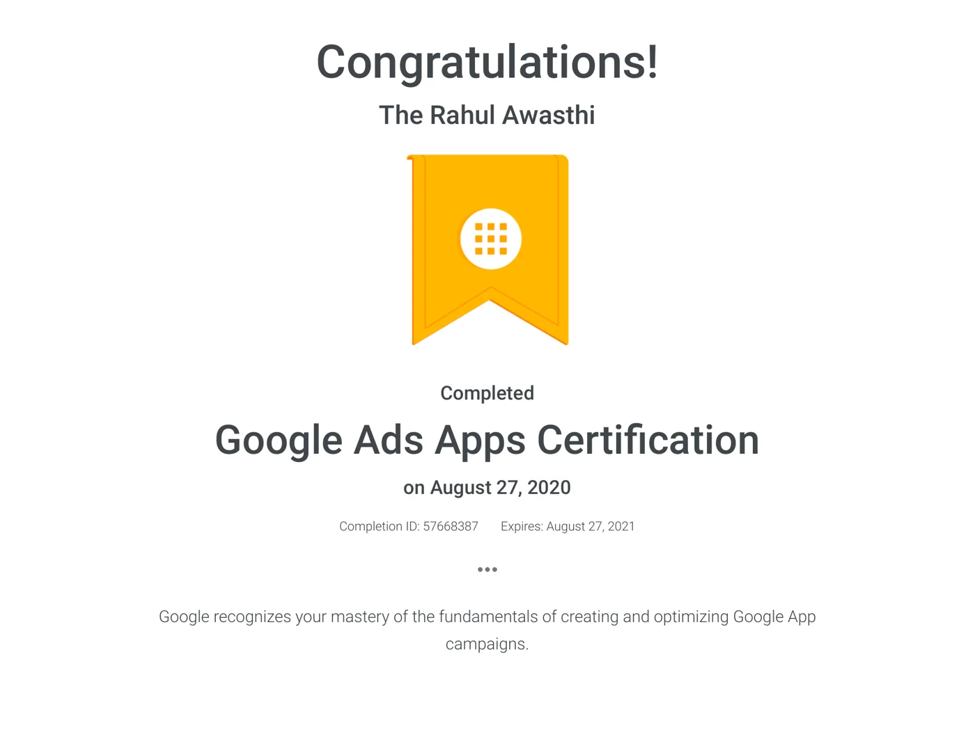Google Ads Apps Certification awarded to The Rahul Awasthi