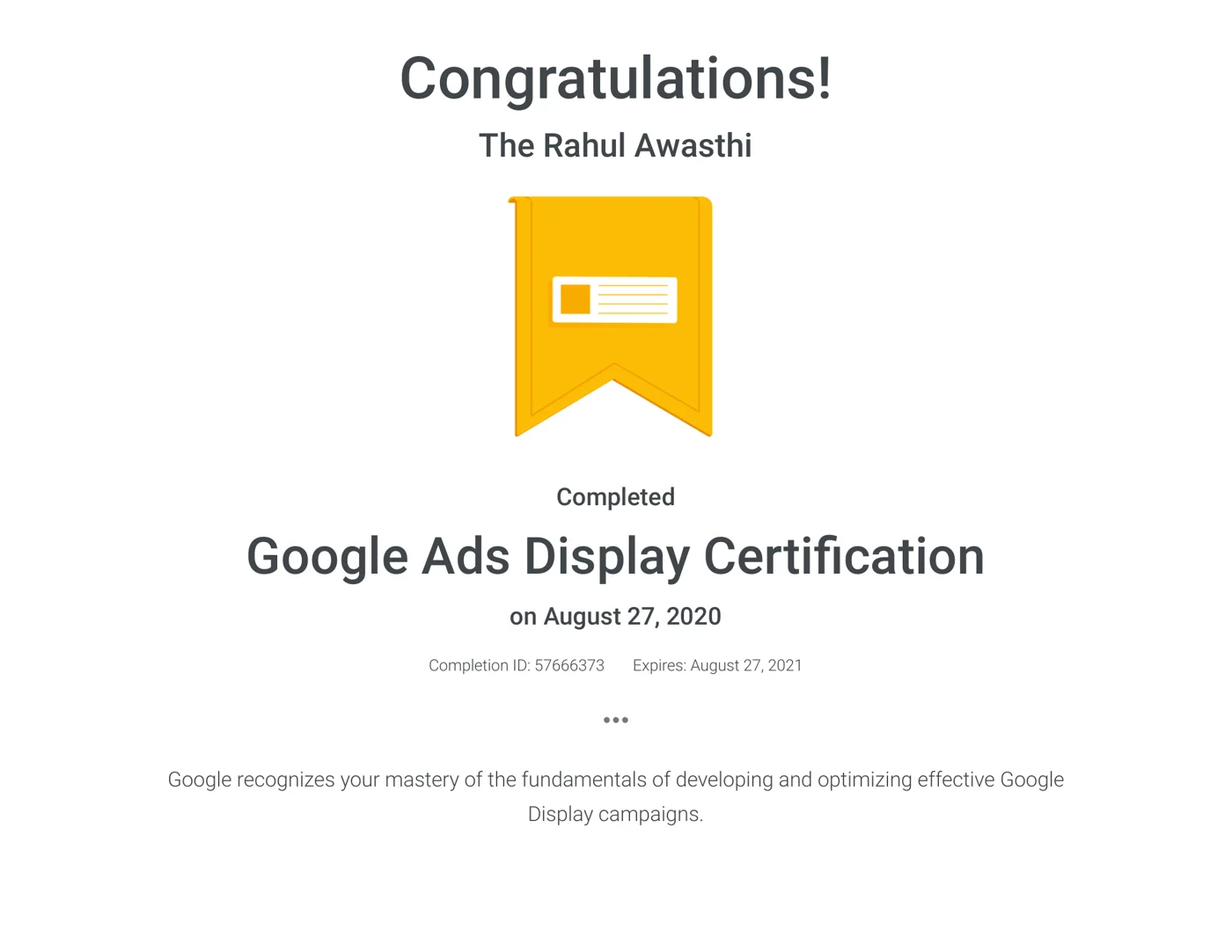 Google Ads Display Certification awarded to The Rahul Awasthi