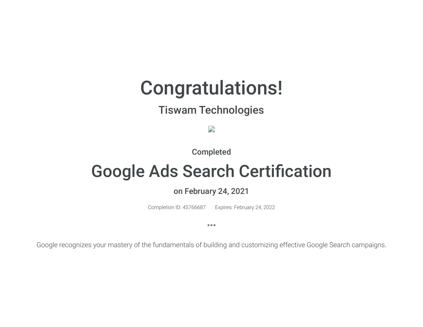 Google Ads Search Certification awarded to Tiswam Technologies