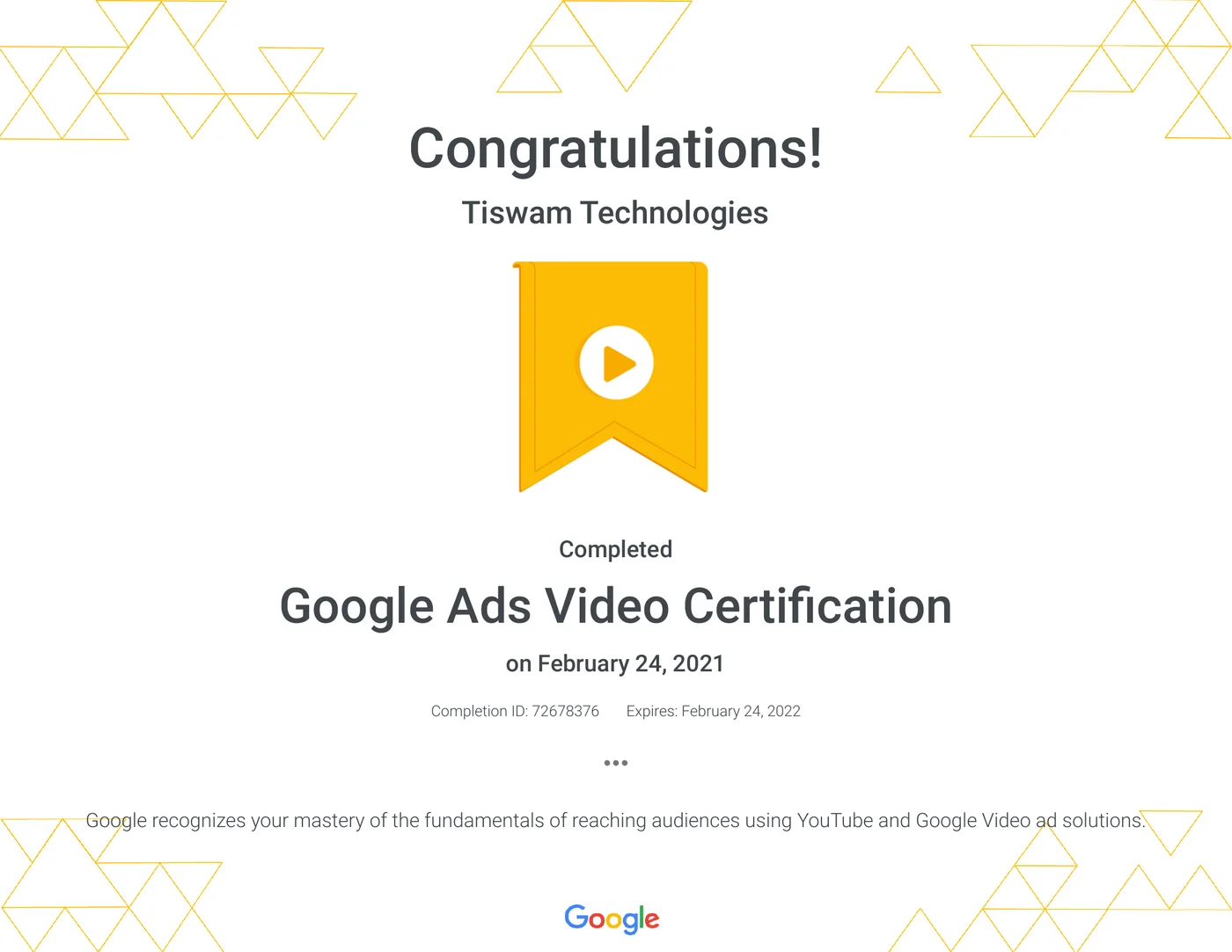 Google Ads Video Certification awarded to Tiswam Technologies