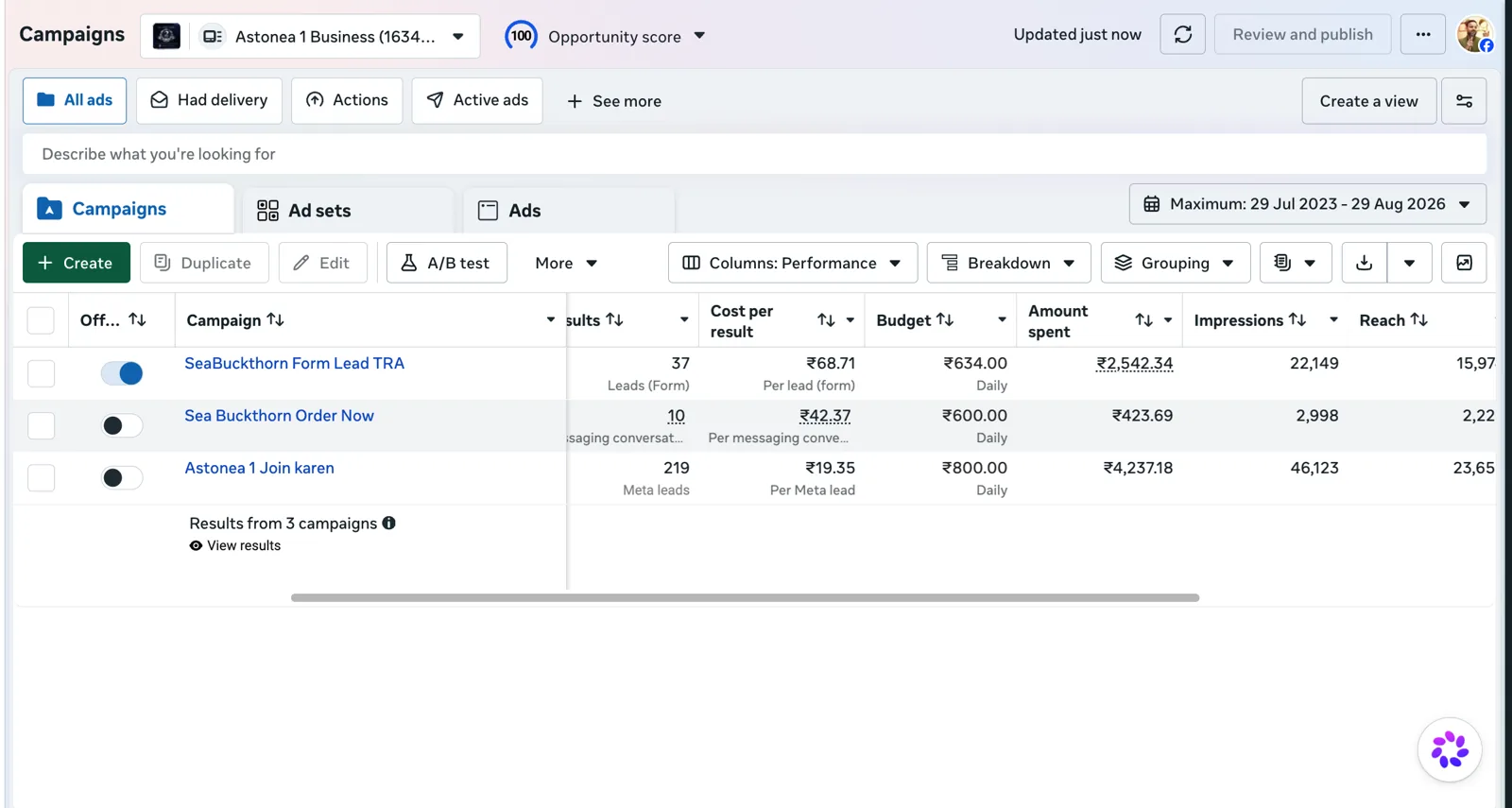 Meta Ads Manager campaign results for Astonea Business, managed by TISWAM