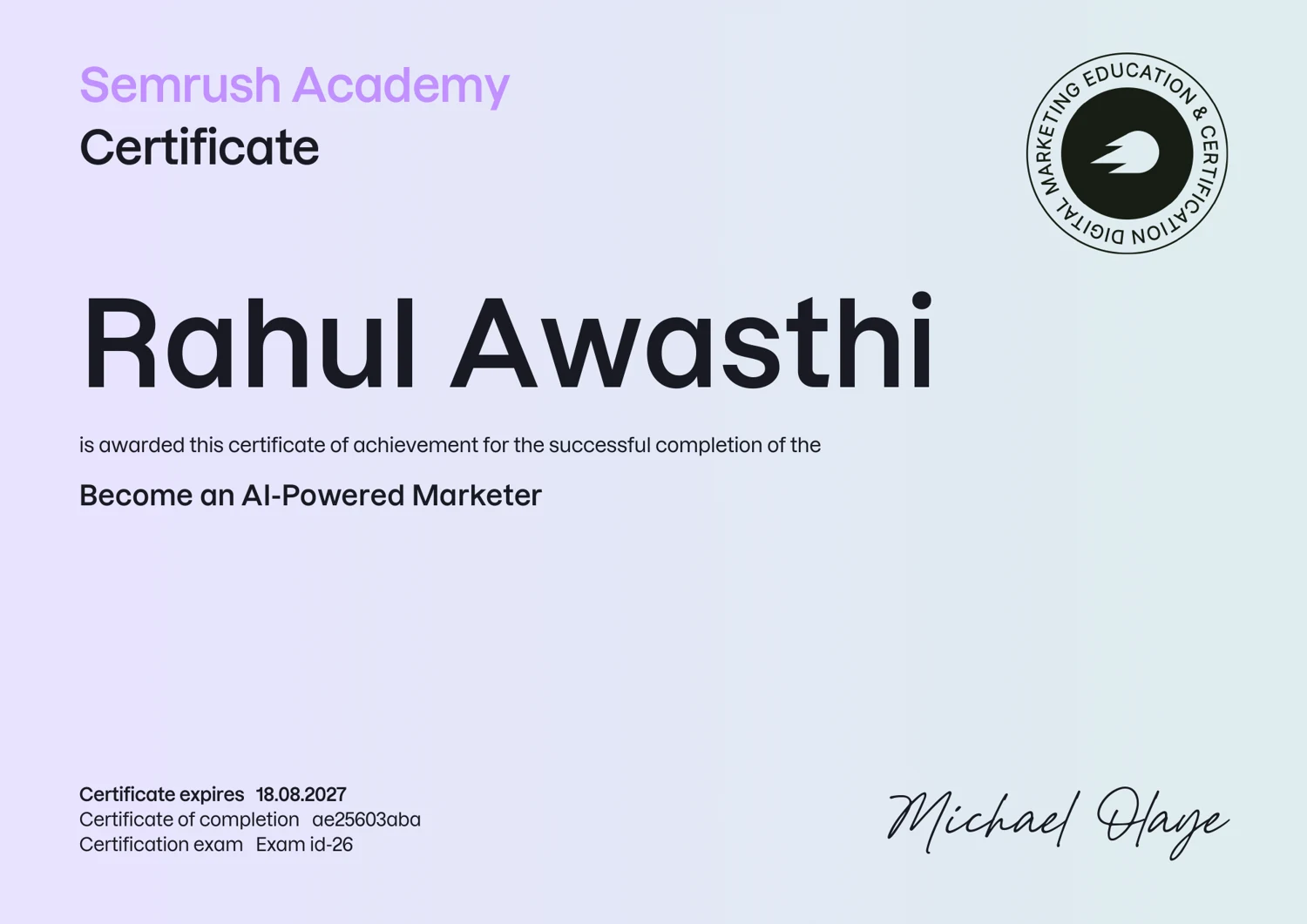 Semrush Academy certificate awarded to Rahul Awasthi for Become an AI-Powered Marketer