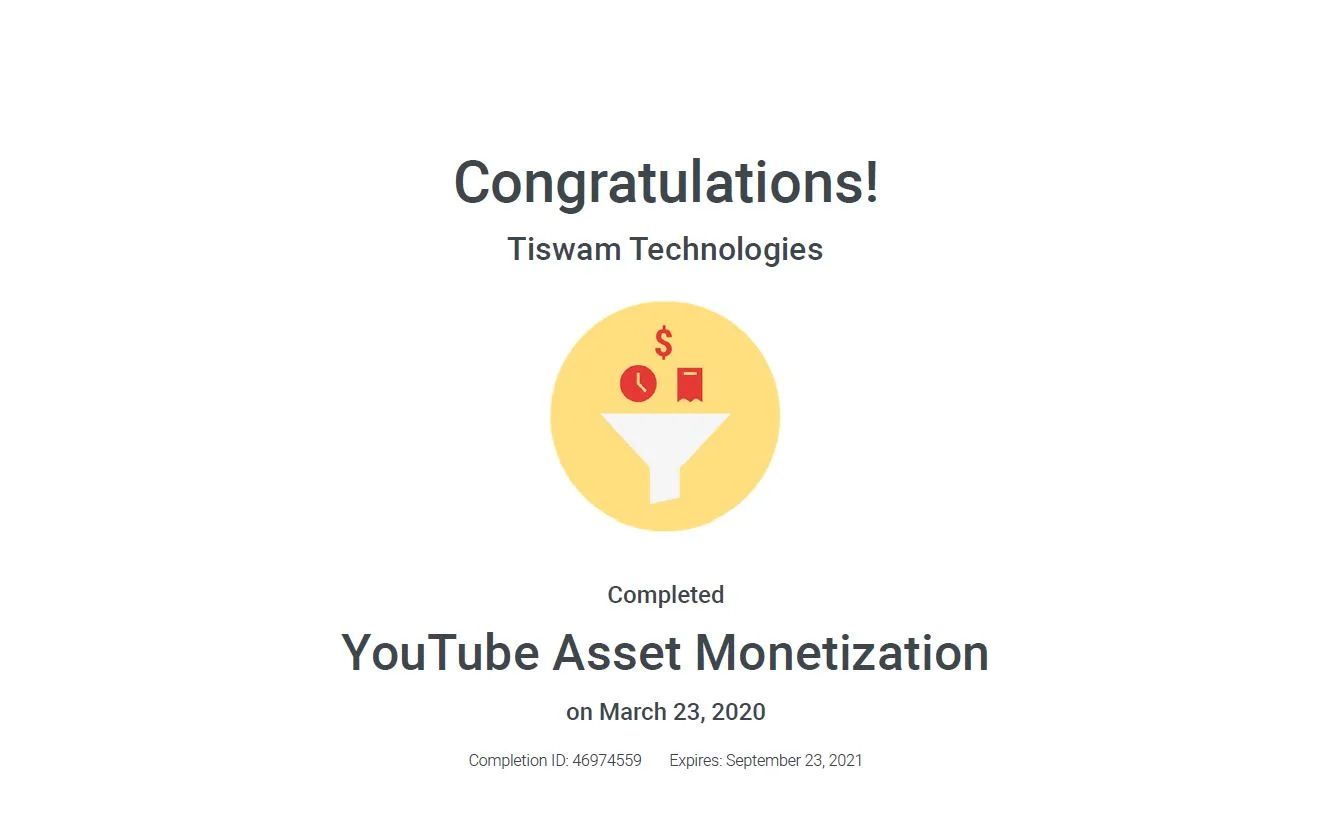 YouTube Asset Monetization certificate awarded to Tiswam Technologies