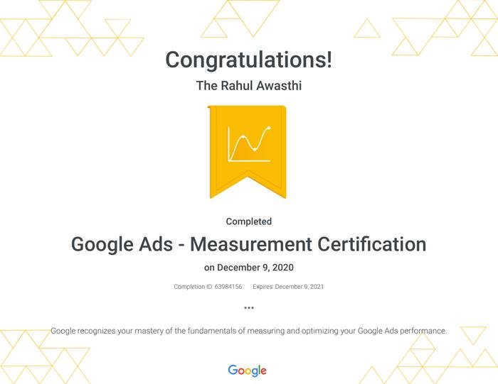 Google Ads Measurement Certification — Rahul Awasthi