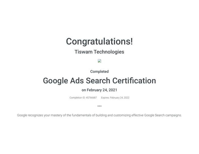 Google Ads Search Certification — Tiswam Technologies